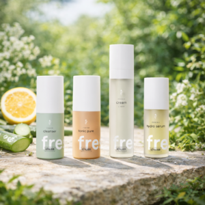 Warum Frischekosmetik? pflegeprodukte im sonnenlicht auf stein
